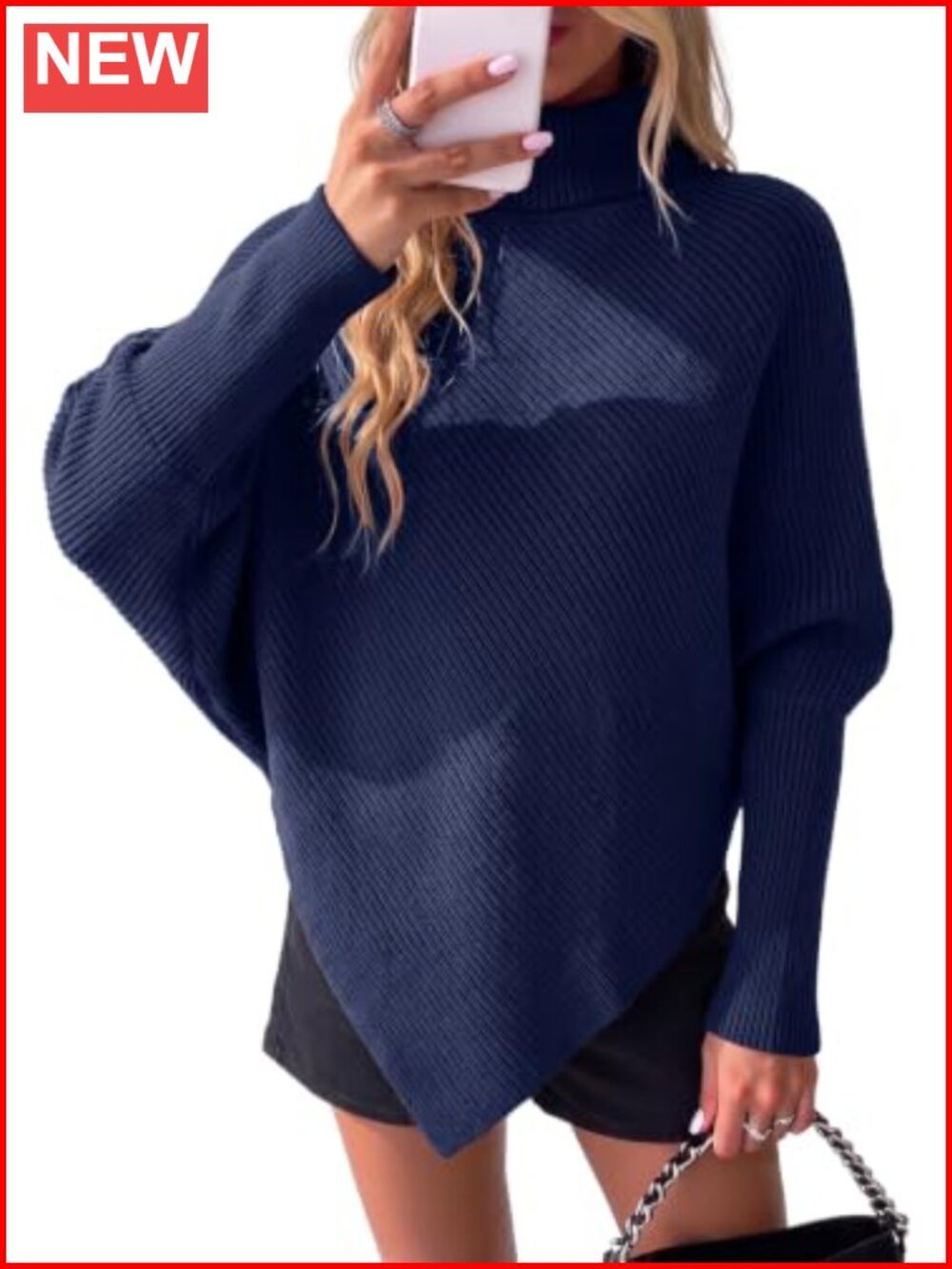 Oversized Batwing Sleeve Ribbed Knit Turtleneck Sweater Women Tunic Top